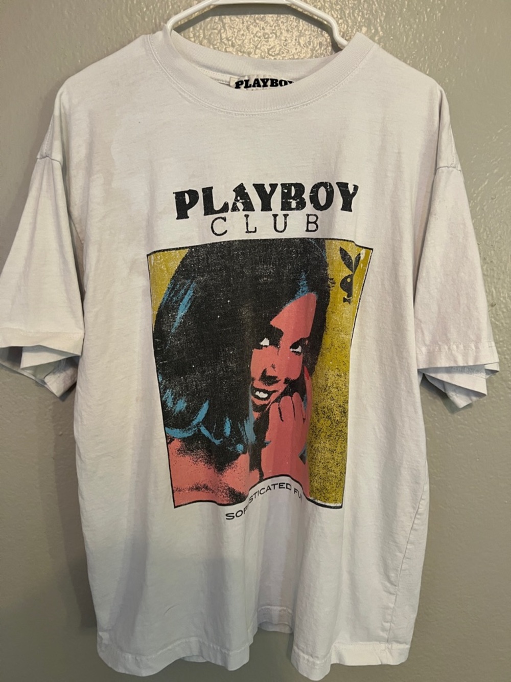 PLAYBOY White Tee with Pink, Blue & Yellow Graphic